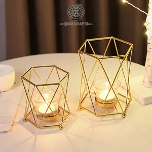 Geometric Iron Candle Holder With Glass Cup Nordic Style Hollow Hexagon Metal Tea Light Stand For Home Decor