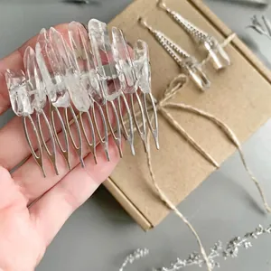 Handmade natural white crystal hair comb with silver metal teeth for bohemian style