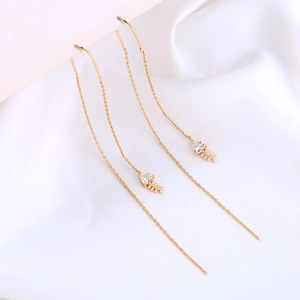 Elegant gold chain tassel earrings with fish bone pendant and sparkling zircon stone