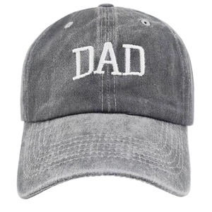 Detail of white DAD embroidery on washed gray cotton twill vintage baseball cap
