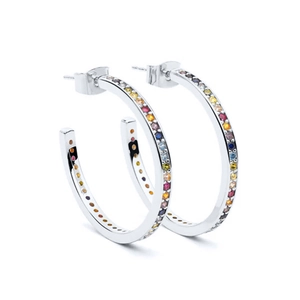 Elegant silver C-shaped hoop earrings featuring colorful pave-set cubic zirconia stones