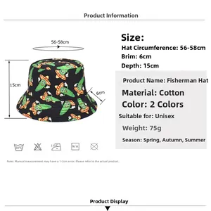 Sombrero de pescador unisex con estampado de cactus y especificaciones de tamaño