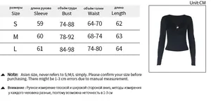 Detailed size chart for women's slim fit long sleeve top with CM measurements