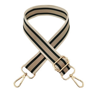 Tracolla regolabile in tela a righe beige e nere con fibbie in metallo dorato