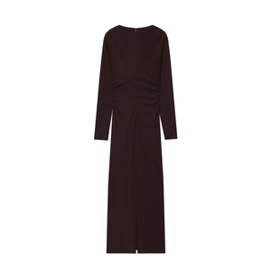 Robe midi chocolat à manches longues avec plis à la taille et fermeture éclair cachée