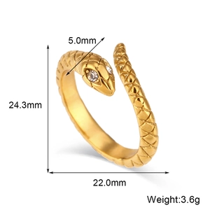 Gold-plated stainless steel snake ring with diamond eyes and intricate scale pattern
