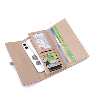 Pink PU leather long wallet for women featuring multiple card slots and phone compartment