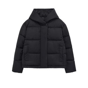 Detail of black hooded jacket featuring quilted patterns and a hidden zip placket