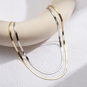 Minimalist S925 sterling silver flat snake chain necklaces in gold and silver finishes