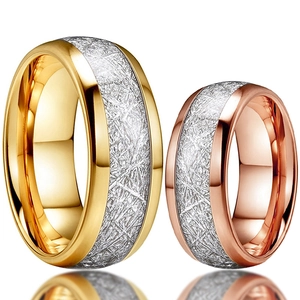 Polished stainless steel couple rings with silver silk texture in gold and rose gold