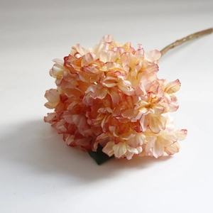 Close-up of peach-orange silk hydrangea flower with realistic burnt edges and textures