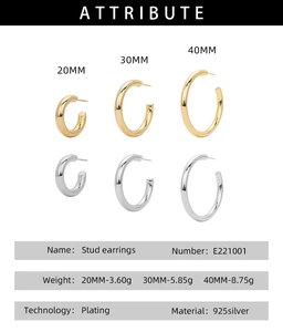 Detailed size and weight chart for 925 silver C-shape hoop earrings in gold and silver