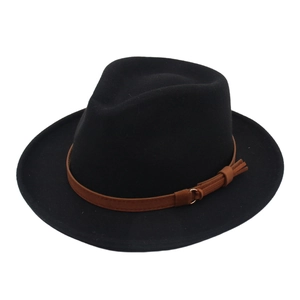 Classic black wide-brim Fedora hat with brown buckled band and decorative gold charms