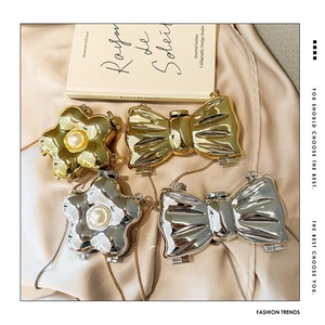 Metallic Shiny Bow Flower Mini Chain Evening Clutch Bag For Women Girls