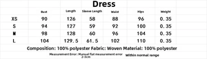 Detailed size chart for patchwork cargo dress with shoulder buttons and belt dimensions