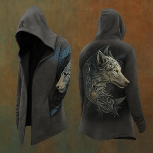 Detail view of the wolf head and moon print on back of dark grey hooded sweatshirt