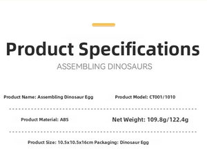 Detailed specifications of DIY dinosaur egg toy showing ABS material and dimensions