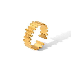 Detail of 18K gold-plated stainless steel ring featuring unique zigzag textured pattern