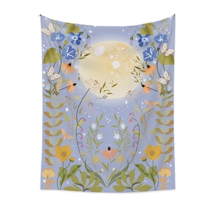 Detail showing botanical moon phase wall tapestry with artistic plant design on white background