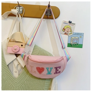 Pink sequin waist bag with rainbow strap and LOVE letter patches for kids