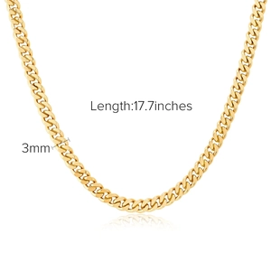 Gold-plated stainless steel Cuban link chain necklace with 17.7-inch length and 3mm width