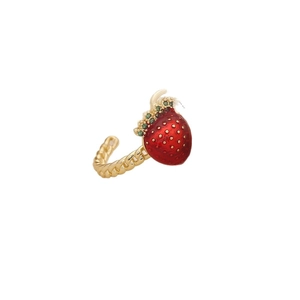 Minimalist red strawberry ring with golden rope band and green crystal accents