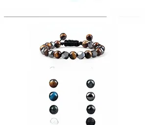 Detail of 8mm natural tiger eye stone beads and adjustable woven cord on the bracelet