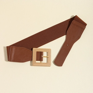 Detail of brown elastic waist belt with golden square buckle and PU leather accents