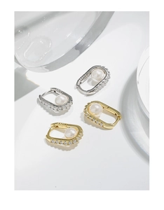 Detail of S925 sterling silver hoop earrings with white pearl and zircon inlay
