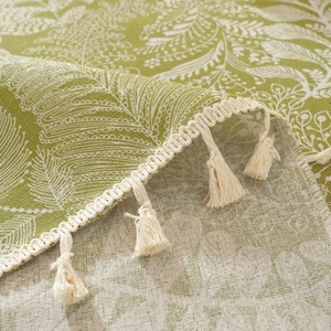 Green and white floral cotton linen tablecloth with beige fringe tassels for dining tables