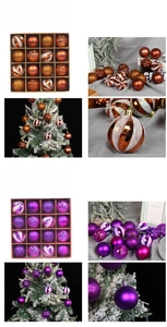 Macro detail of 6cm coffee and purple Christmas balls with matte and glitter finishes