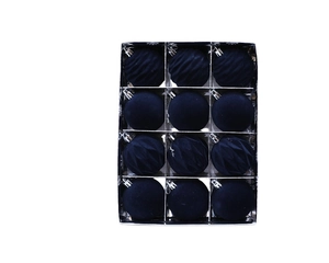 Detail of 12 navy blue matte Christmas balls in a silver display box with clear lid