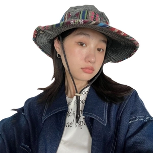 Ethnic wide-brim cowboy fisherman hat with dark gray crown and colorful geometric patterns
