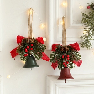 Christmas Hanging Metal Bell Ornaments With Burlap Bow Pine Needles Red Berries And Pine Cones Farmhouse Style