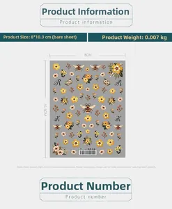 Macro detail of 5D embossed nail art stickers with floral and bee embroidery patterns