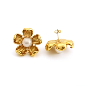 Vintage floral titanium steel earrings with large central pearl and gold plating