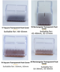 Detail of clear silicone chair leg protectors with felt pads in various square sizes