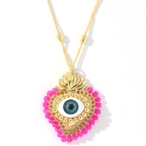 18k gold plated heart necklace with evil eye charm and pink beads on a link chain