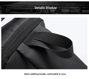 Close-up of a durable nylon webbing handle on a waterproof black men's chest bag