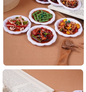 Detail shot of mini artificial food plates with assorted dishes for dollhouse decor