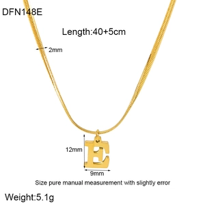 Detailed size chart for 18K gold-plated flat snake chain with letter E pendant