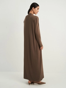 Rear view of long dark brown knitted cardigan and dress set with soft premium draping
