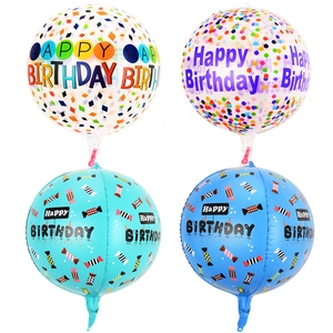 Detail view of 22-inch transparent 4D balloons with Happy Birthday prints and candy patterns