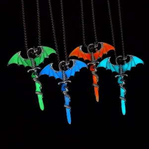 Luminous dragon wrapping sword pendant necklace in green blue orange and cyan colors