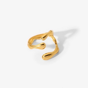 Polished 18k gold plated stainless steel open ring with irregular organic fluid design