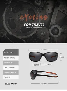 Detailed size chart for PC polarized sunglasses showing frame dimensions and weight details