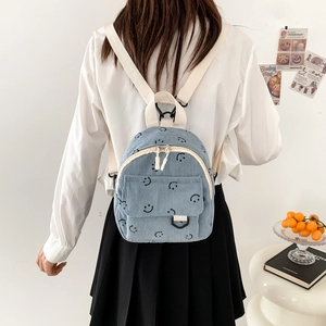 Mini hellblauer Cord-Rucksack mit Smiley-Print für Damen Schule und Reisen