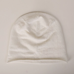 Minimalist white 100% linen knit beanie with rolled edge for men and women