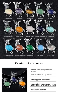 Detail display of elk-shaped alloy brooches featuring 15 types of natural crystal stones