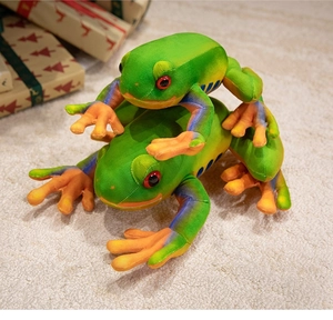 Macro shot of two green plush frogs on a soft rug showing vibrant texture and colors